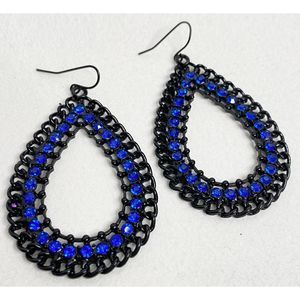 Beaded Teardrop Earrings Brilliant Blue Rhinestone Trim Black Enamel Over Metal